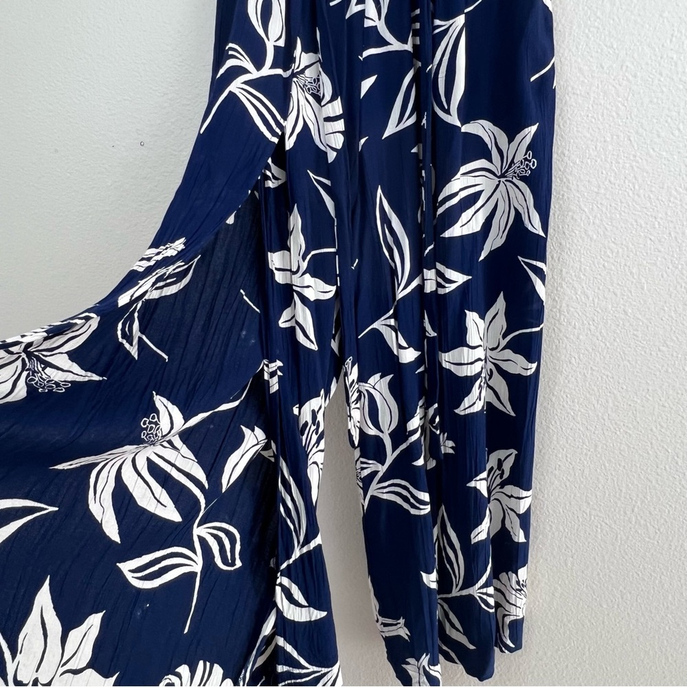 Angie Dark Blue and White Patterned Wide leg Open Front Pants - Picture 4 of 5